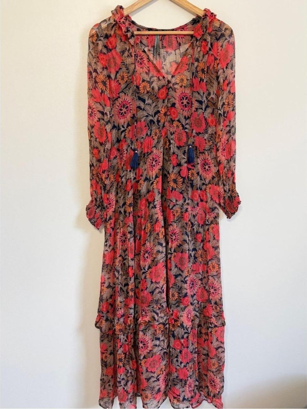 Anthropologie Coral and Black Floral Long-Sleeve Tiered Maxi Dress